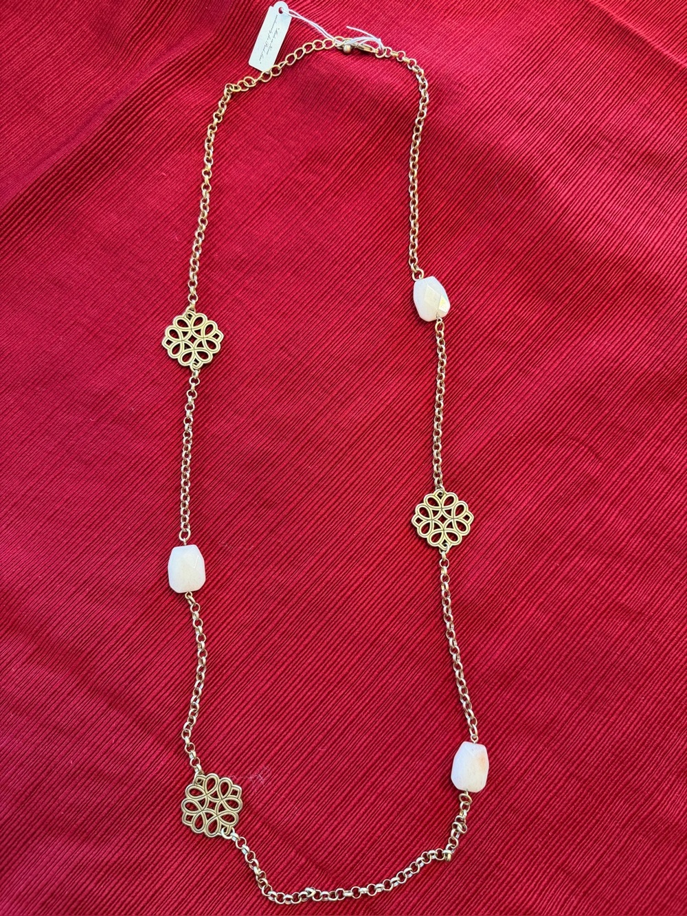 Park Lane Long Antique Gold & White Stone Necklace